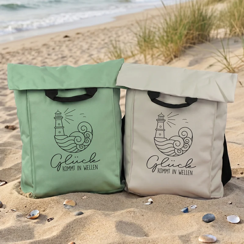 Leichter 2-in-1 Rucksack & Tasche mit Leuchtturm Motiv für Wandern und Urlaub | Glück kommt in Wellen