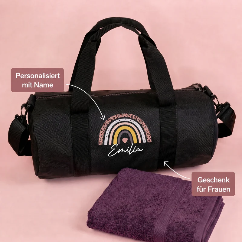 Sporttasche mit Regenbogen Motiv & Name personalisiert | Reisetasche als Geschenk für Mädchen & Frauen