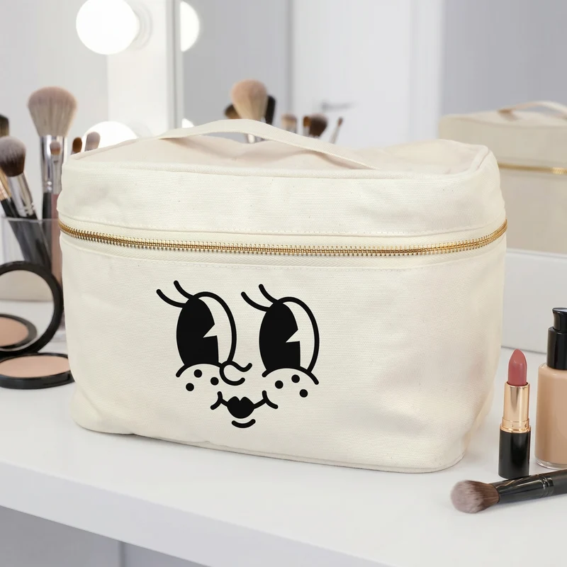 Kulturbeutel mit lustigem Gesicht Aufdruck | Kosmetiktasche aus Baumwolle als Geschenk