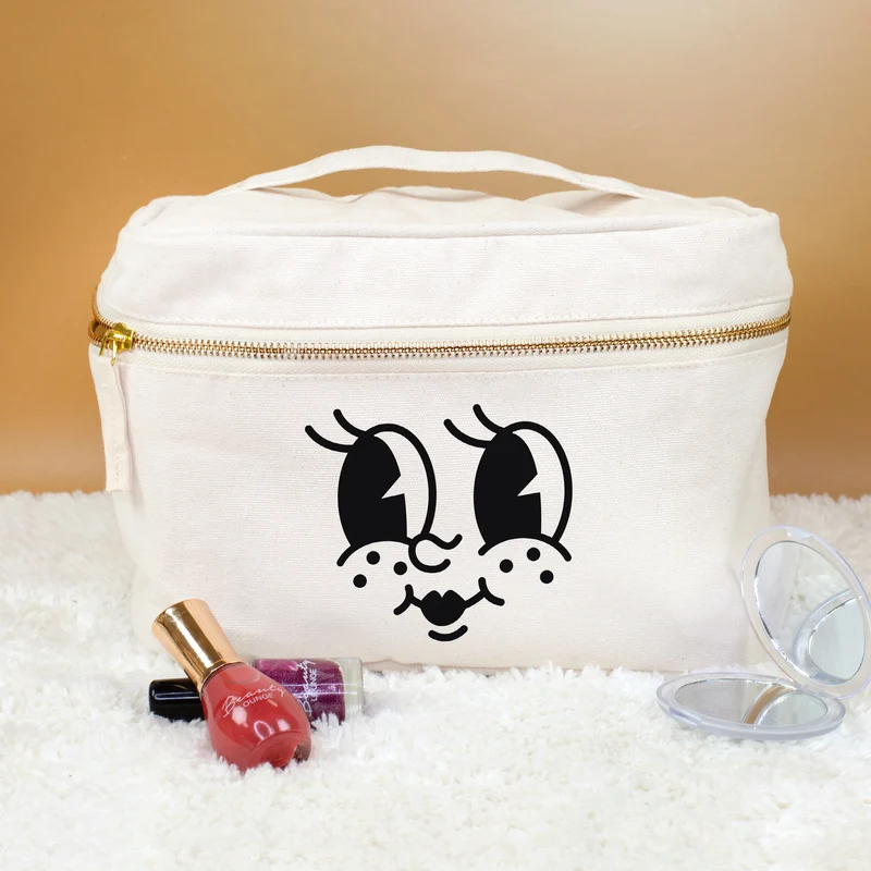 Kulturbeutel mit lustigem Gesicht Aufdruck | Kosmetiktasche aus Baumwolle als Geschenk