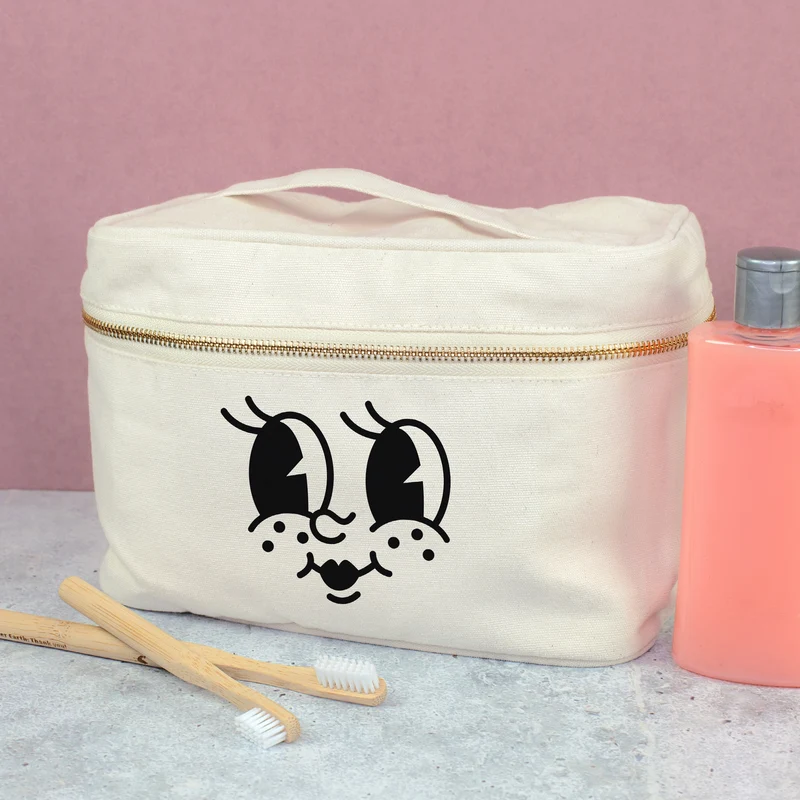 Kulturbeutel mit lustigem Gesicht Aufdruck | Kosmetiktasche aus Baumwolle als Geschenk