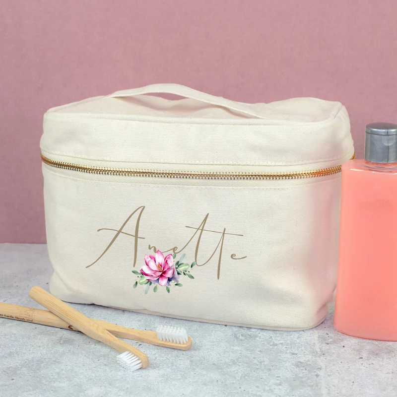 Kosmetiktasche personalisiert mit Name & Seerose | Kulturbeutel aus Baumwolle Geschenkidee