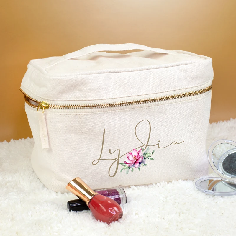 Kosmetiktasche personalisiert mit Name & Seerose | Kulturbeutel aus Baumwolle Geschenkidee