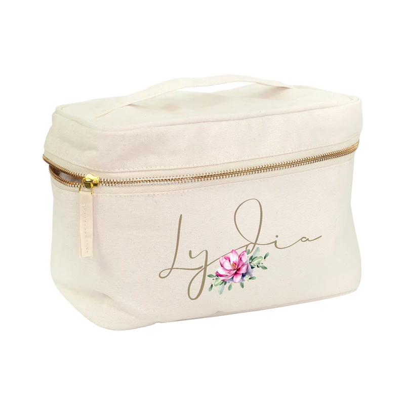 Kosmetiktasche personalisiert mit Name & Seerose | Kulturbeutel aus Baumwolle Geschenkidee
