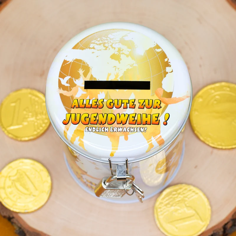 Jugendweihe Spardose aus Metall mit Schloss