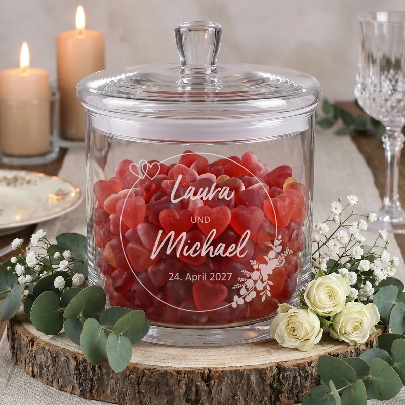 Vorratsglas mit Gravur zur Hochzeit | Personalisiertes Hochzeitsgeschenk Glasdose mit Deckel