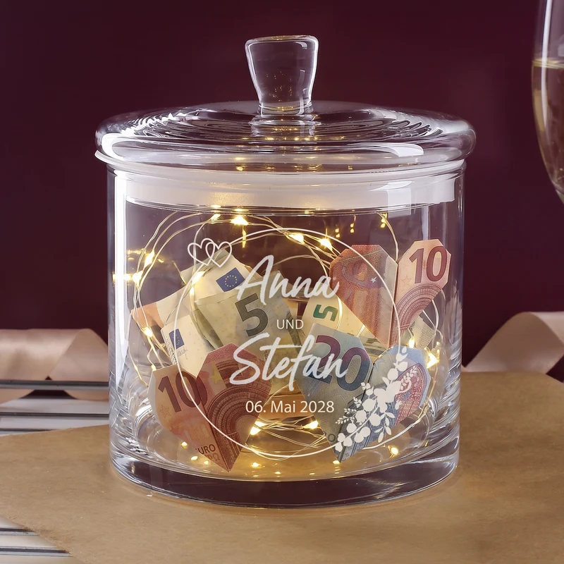 Vorratsglas mit Gravur zur Hochzeit | Personalisiertes Hochzeitsgeschenk Glasdose mit Deckel