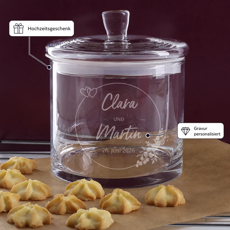 Vorratsglas mit Gravur zur Hochzeit | Personalisiertes Hochzeitsgeschenk Glasdose mit Deckel