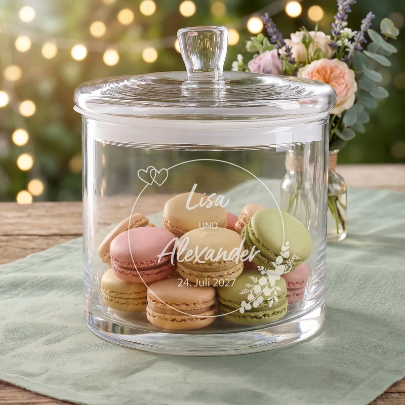 Vorratsglas mit Gravur zur Hochzeit | Personalisiertes Hochzeitsgeschenk Glasdose mit Deckel