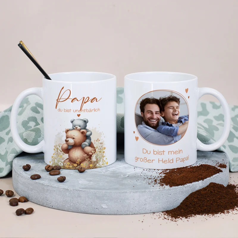 Tasse für Papa zum Vatertag mit Foto & Wunschtext personalisiert | Bär Motiv - du bist unentbärlich