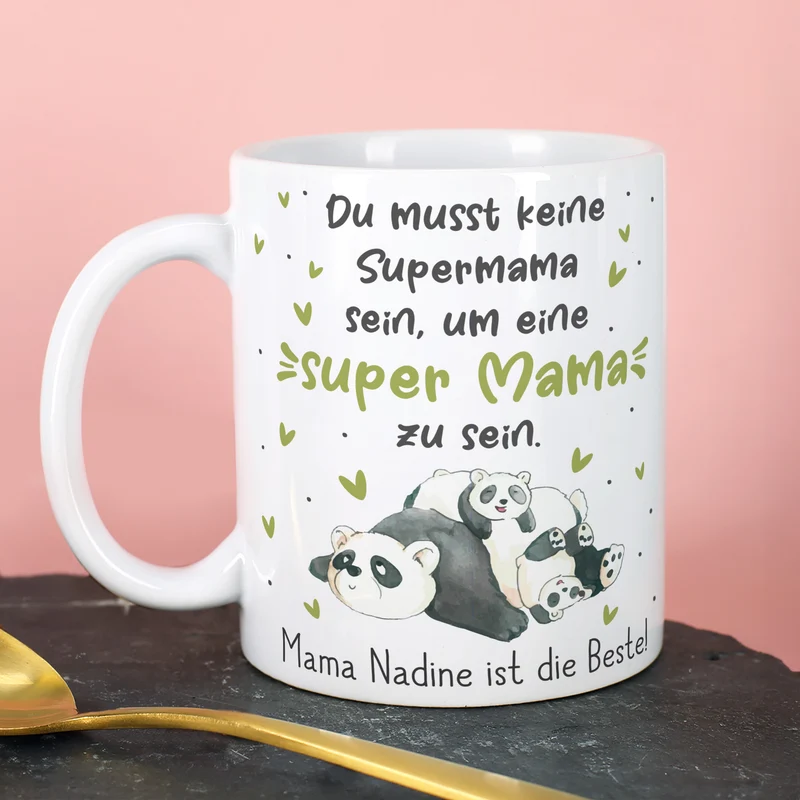 Personalisierte Tasse - Super Mama - mit Panda Motiv & Wunschtext als Geschenk zum Muttertag
