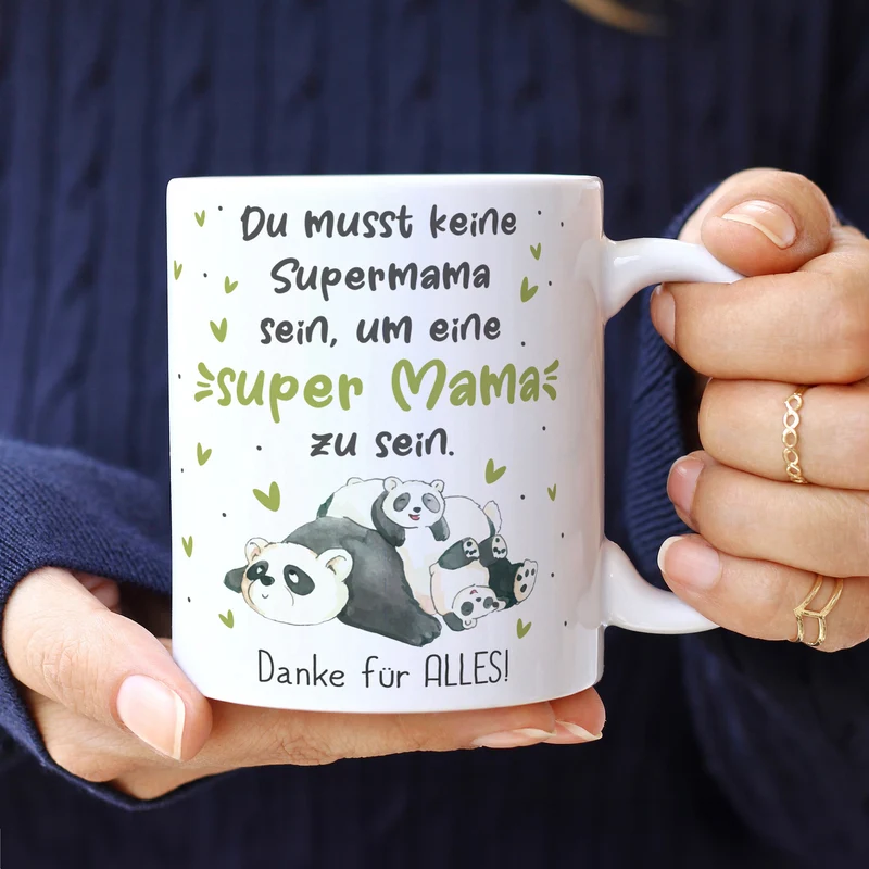 Personalisierte Tasse - Super Mama - mit Panda Motiv & Wunschtext als Geschenk zum Muttertag