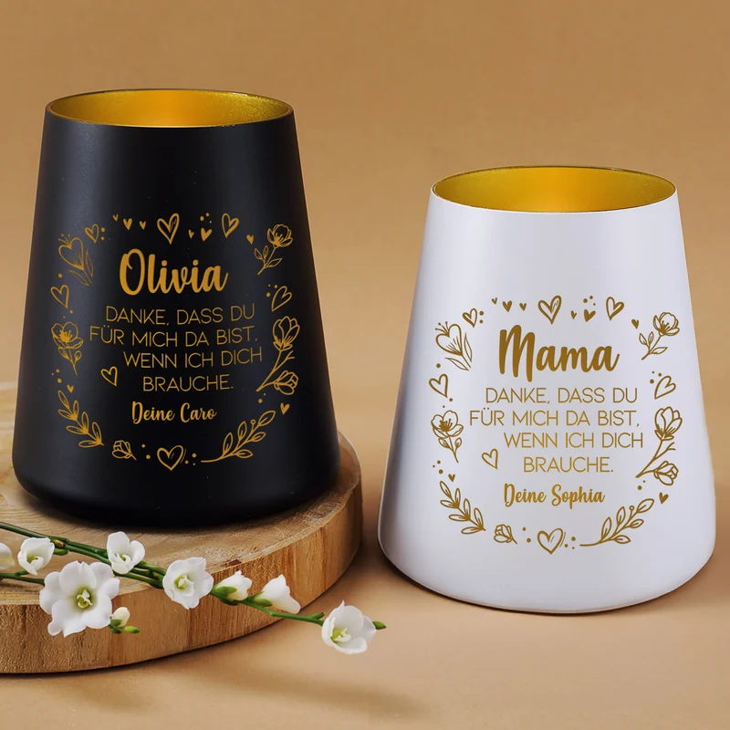 Windlicht mit Gravur für Mama & Familie personalisiert mit Wunschtext und Herz Motiv | Schwarz oder Weiß