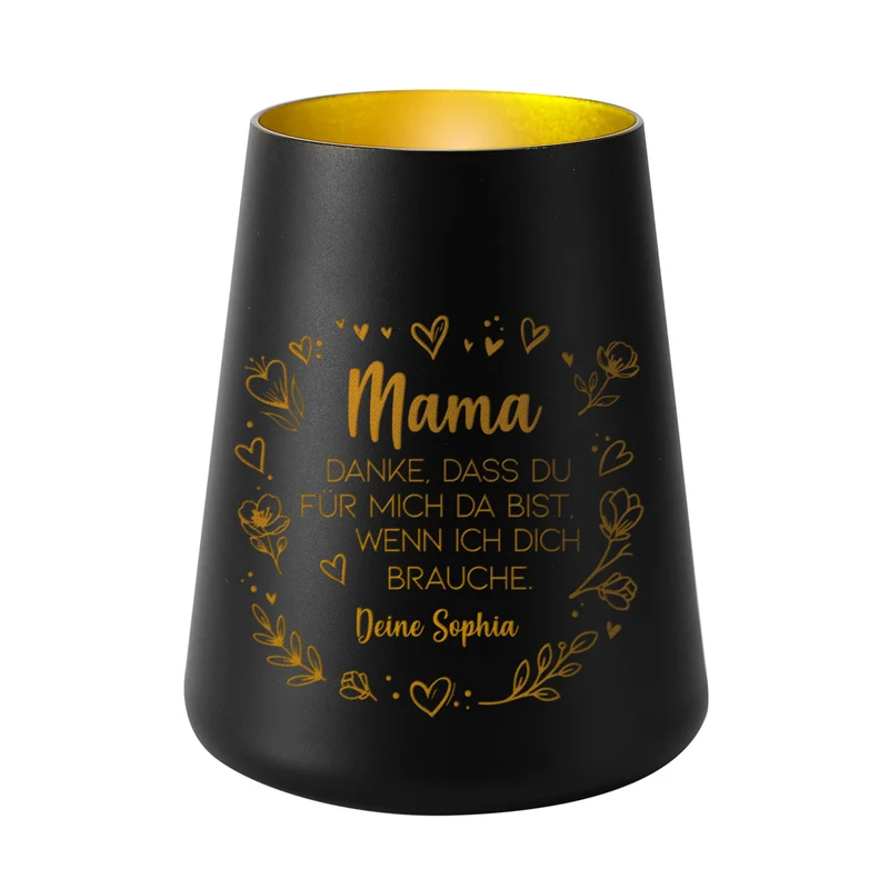 Windlicht mit Gravur für Mama & Familie personalisiert mit Wunschtext und Herz Motiv | Schwarz oder Weiß