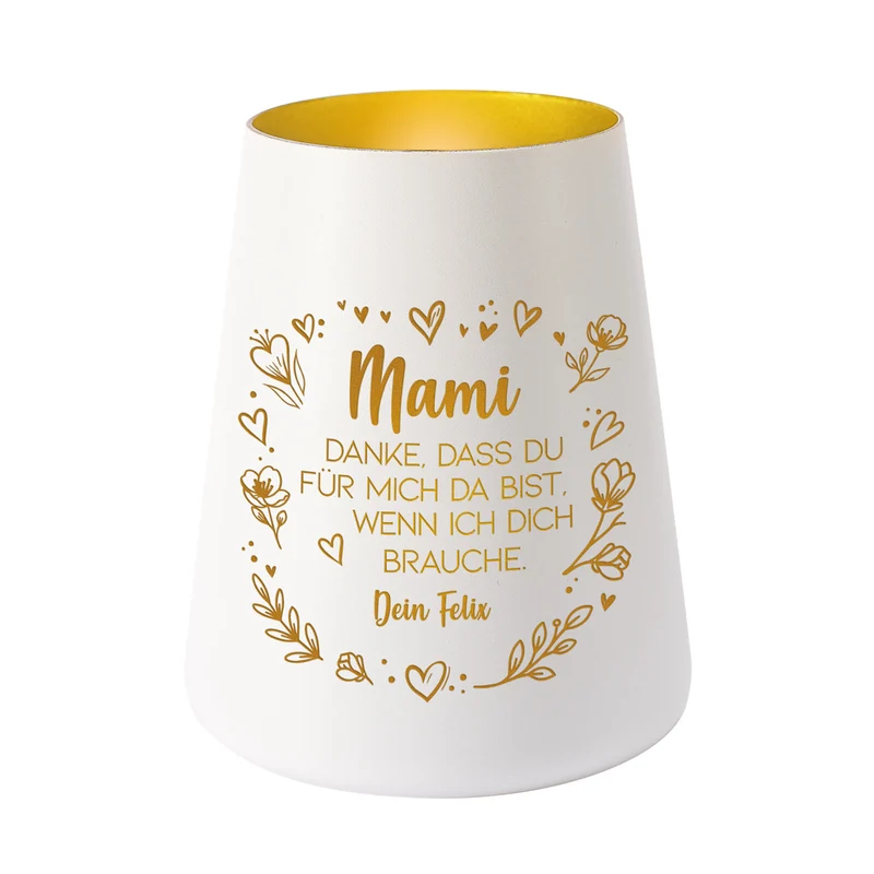 Windlicht mit Gravur für Mama & Familie personalisiert mit Wunschtext und Herz Motiv | Schwarz oder Weiß
