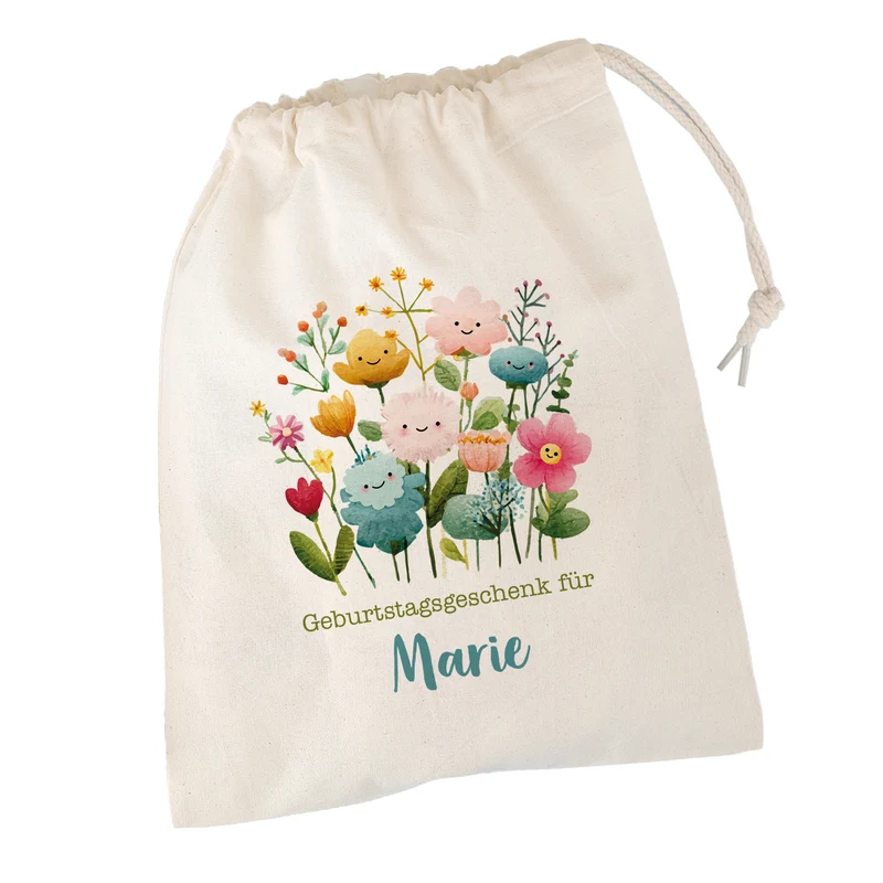 Personalisierter Geschenksack mit Blumen Motiv & Kordelzug | 100 % Baumwolle | 3 Größen