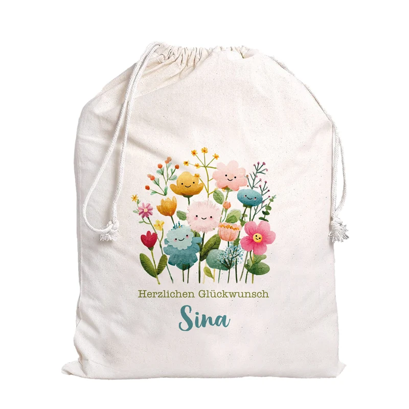 Personalisierter Geschenksack mit Blumen Motiv & Kordelzug | 100 % Baumwolle | 3 Größen