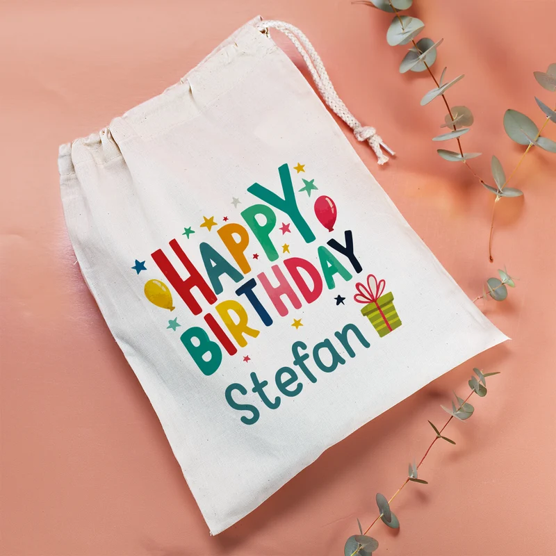 Personalisierter Geschenksack Happy Birthday mit Name | Geschenkverpackung zum Geburtstag in 3 Größen