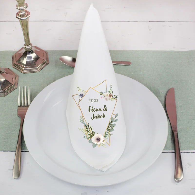 Personalisierte Stoffserviette zur Hochzeit mit Eukalyptus & Blumenrahmen | Tischdeko mit Namen & Datum