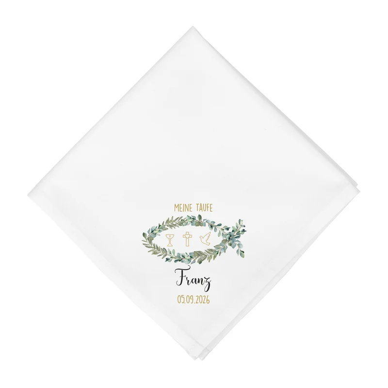 Personalisierte Stoffserviette mit Name & Datum zur Taufe, Kommunion, Konfirmation & Firmung | Ichthys