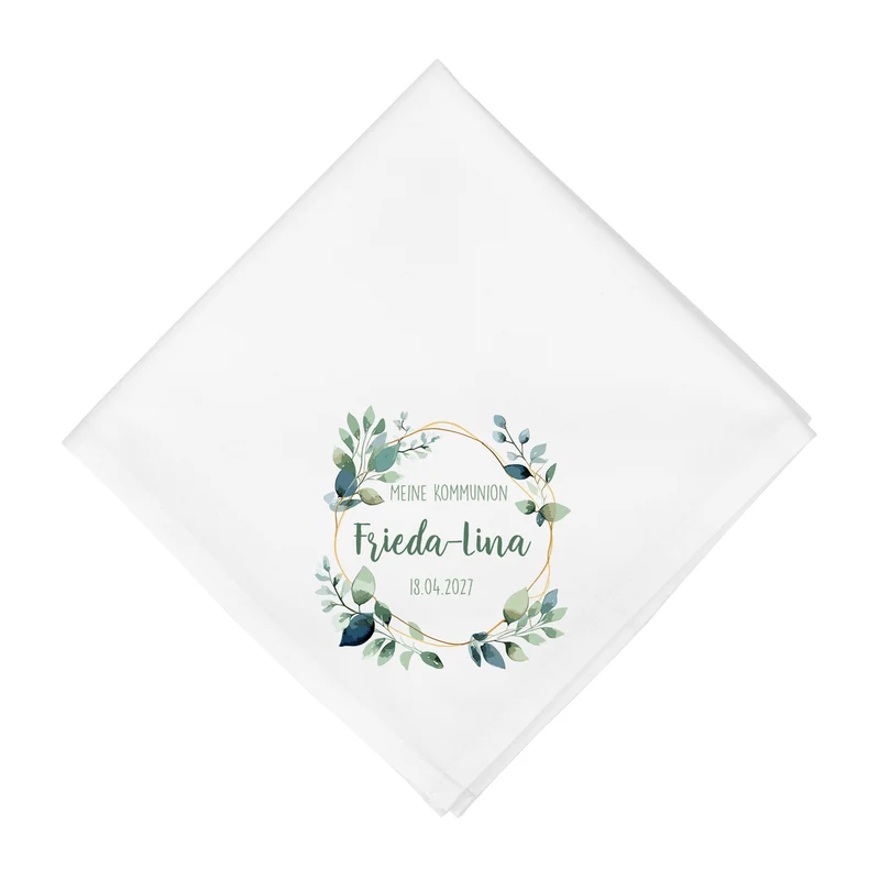 Personalisierte Stoffserviette mit Name & Datum für Taufe, Kommunion, Konfirmation | Eukalyptus Motiv