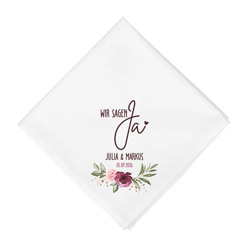 Personalisierte Stoffserviette zur Hochzeit 'Wir sagen Ja' mit Namen & Datum | Rosenmotiv Serviette