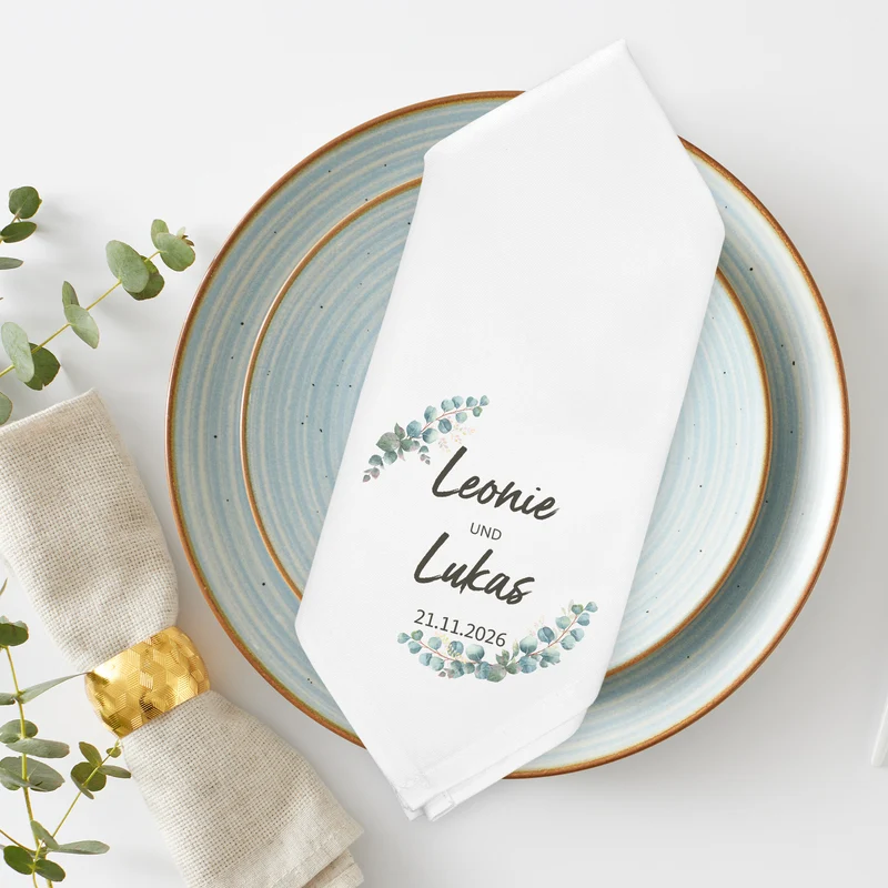 Personalisierte Stoffserviette zur Hochzeit mit Eukalyptus, Namen & Datum | Hochzeitsdeko 45x45cm
