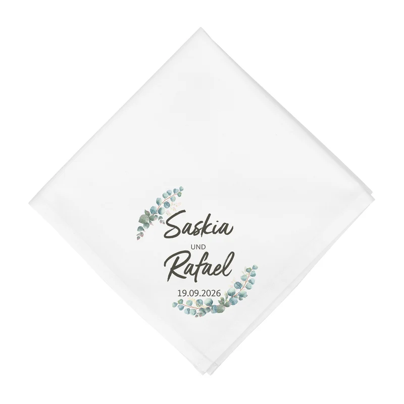 Personalisierte Stoffserviette zur Hochzeit mit Eukalyptus, Namen & Datum | Hochzeitsdeko 45x45cm