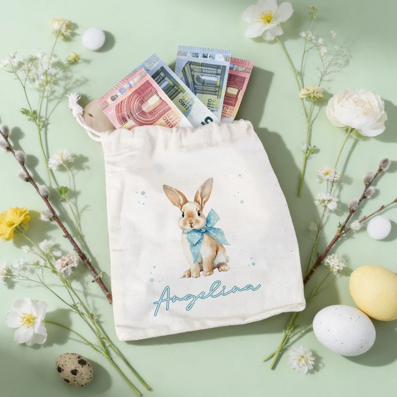 Personalisierter Geschenksack zu Ostern mit Name | Stoffbeutel mit Hasenmotiv und Kordel in 3 Größen