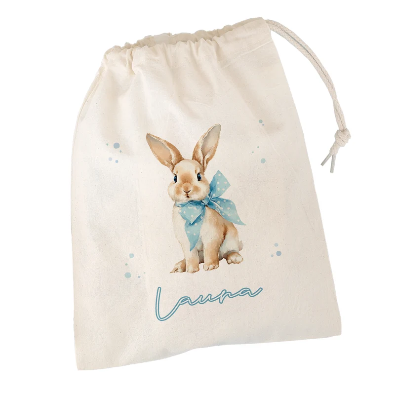 Personalisierter Geschenksack zu Ostern mit Name | Stoffbeutel mit Hasenmotiv und Kordel in 3 Größen