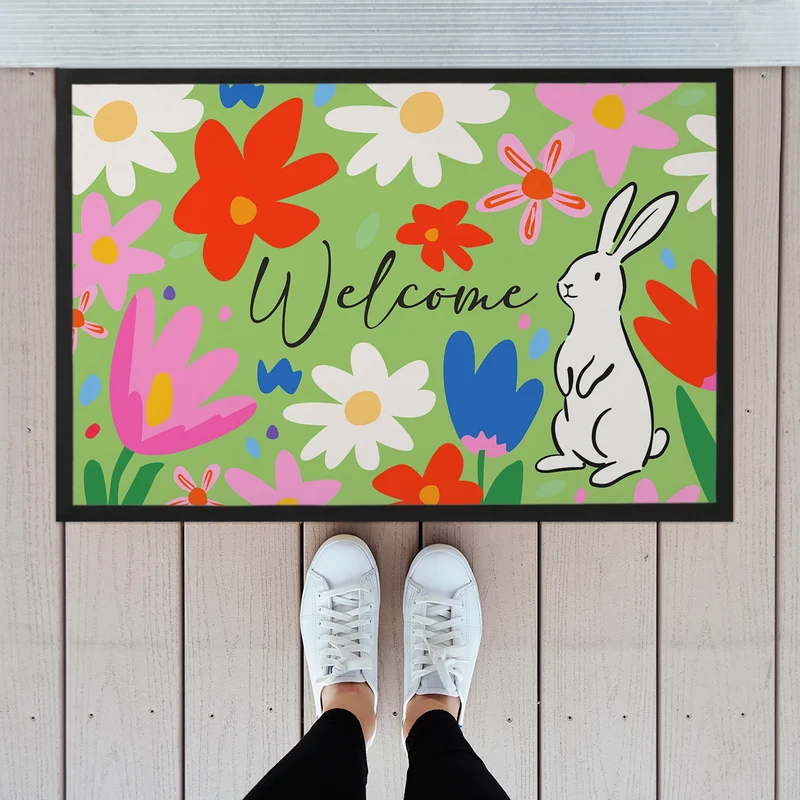Oster Fußmatte mit Blumen & Hase - Welcome Türmatte für Frühling und Ostern | 2 Größen wählbar