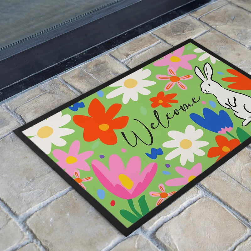 Oster Fußmatte mit Blumen & Hase - Welcome Türmatte für Frühling und Ostern | 2 Größen wählbar