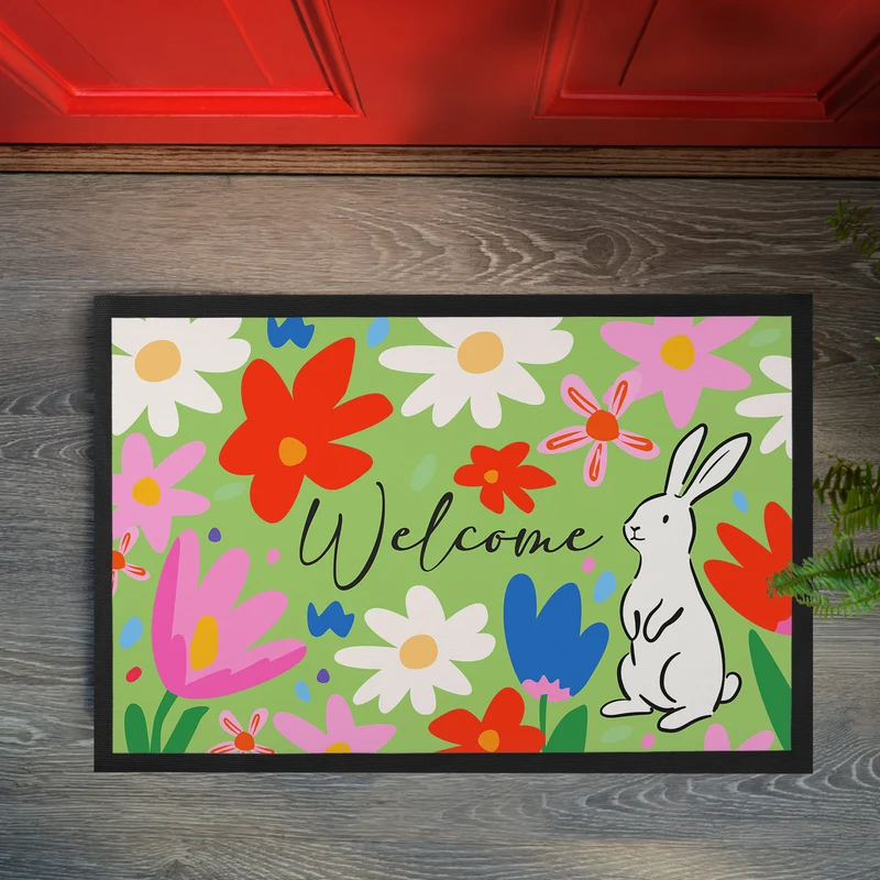 Oster Fußmatte mit Blumen & Hase - Welcome Türmatte für Frühling und Ostern | 2 Größen wählbar