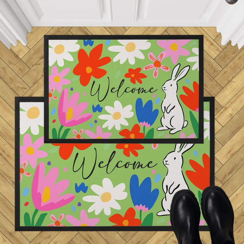Oster Fußmatte mit Blumen & Hase - Welcome Türmatte für Frühling und Ostern | 2 Größen wählbar