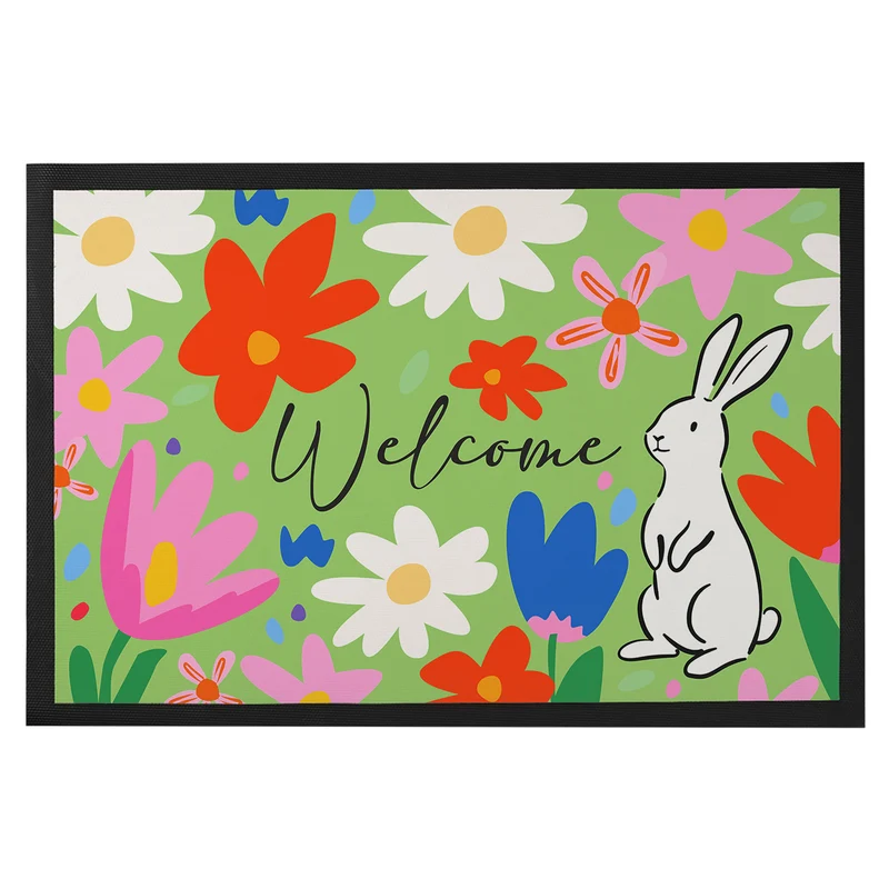 Oster Fußmatte mit Blumen & Hase - Welcome Türmatte für Frühling und Ostern | 2 Größen wählbar