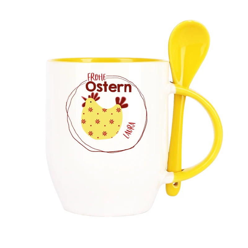 Personalisierte Löffeltasse 'Frohe Ostern' mit Name & gelbem Löffel | Osterbecher 300 ml mit Huhn
