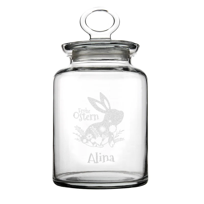 Frohe Ostern - gravierte Glasdose mit Osterhasenmotiv, Frühlingsblumen und Ihrem Wunschnamen