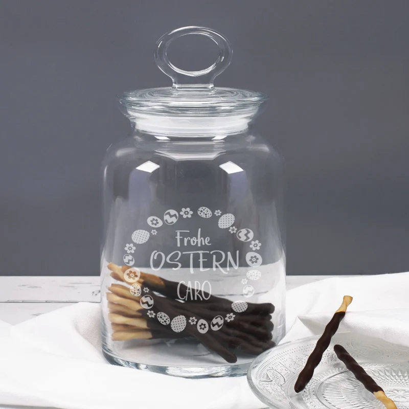 Glasdose mit Ostereier-Design und Ihrem Wunschnamen