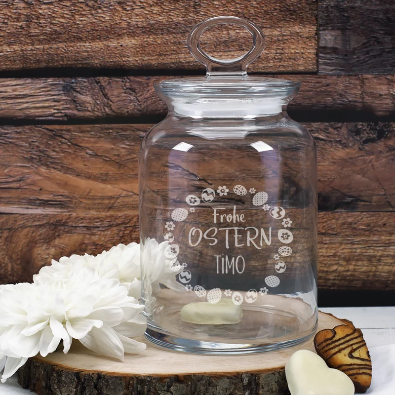 Glasdose mit Ostereier-Design und Ihrem Wunschnamen