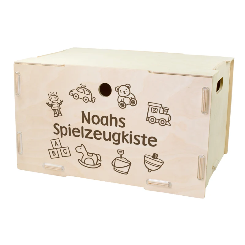 Personalisierbare Spielzeugkiste aus Holz mit Deckel | clipfritz® Aufbewahrungsbox stapelbar