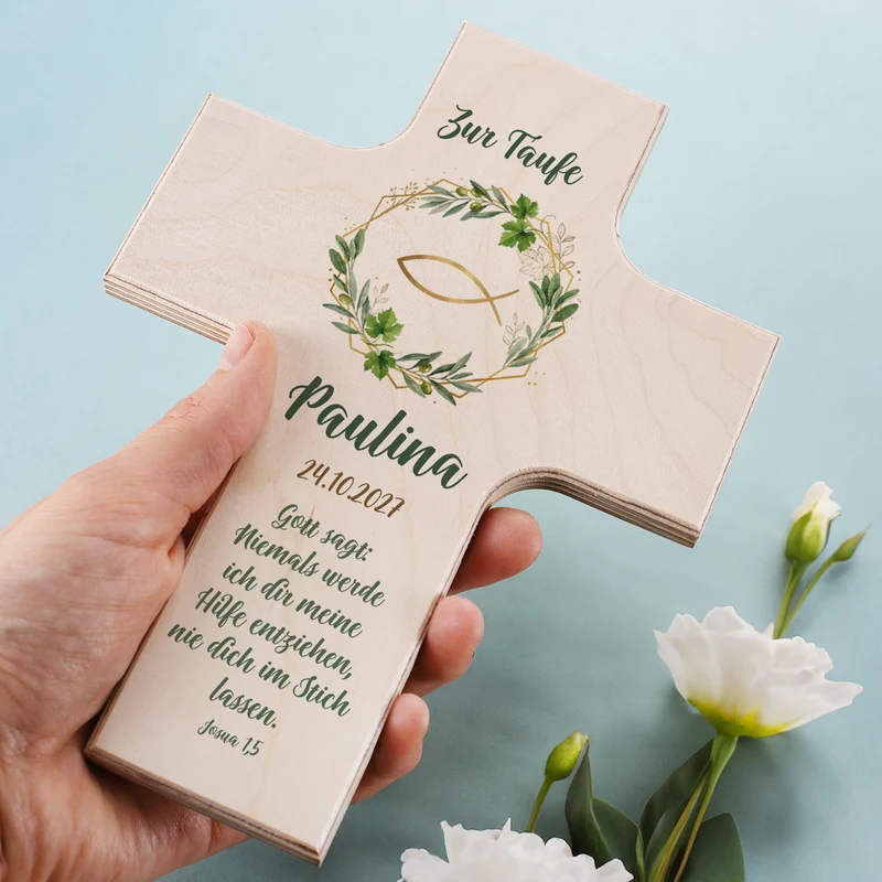 Personalisiertes Holzkreuz mit Ichthys Fisch & Blätterkranz | Geschenk für Taufe, Kommunion, Konfirmation