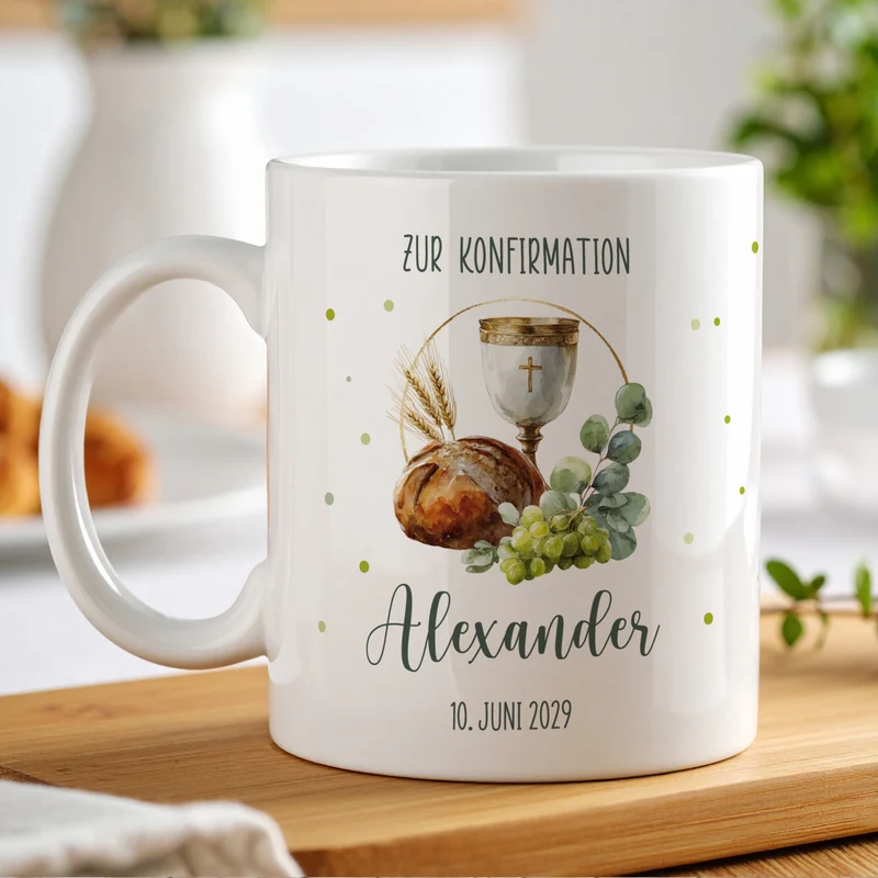 Personalisierte Tasse mit Kelch & Brot – Geschenk zur Taufe, Kommunion, Konfirmation und Firmung