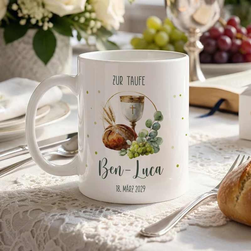 Personalisierte Tasse mit Kelch & Brot – Geschenk zur Taufe, Kommunion, Konfirmation und Firmung