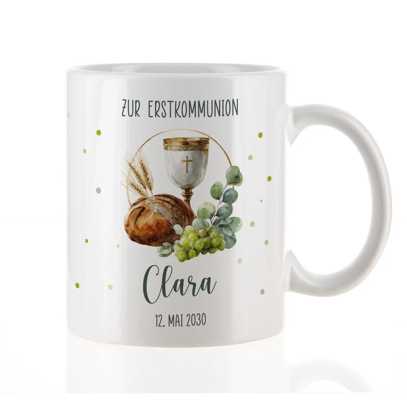 Personalisierte Tasse mit Kelch & Brot – Geschenk zur Taufe, Kommunion, Konfirmation und Firmung