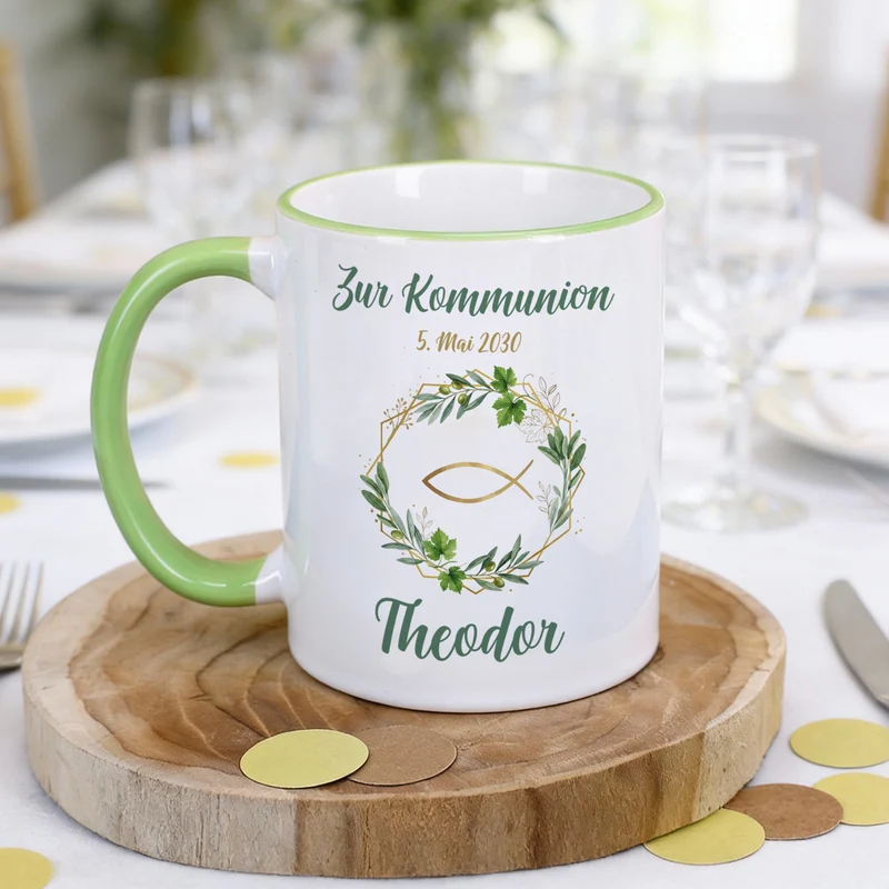 Personalisierte Tasse zur Kommunion, Taufe & Konfirmation mit Name – Ichthys & Kranz aus Zweigen