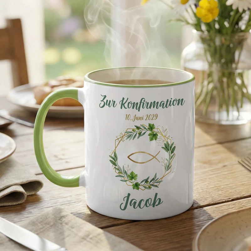 Personalisierte Tasse zur Kommunion, Taufe & Konfirmation mit Name – Ichthys & Kranz aus Zweigen