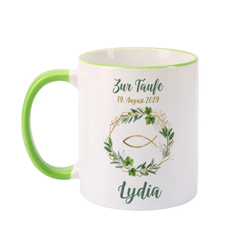 Personalisierte Tasse zur Kommunion, Taufe & Konfirmation mit Name – Ichthys & Kranz aus Zweigen
