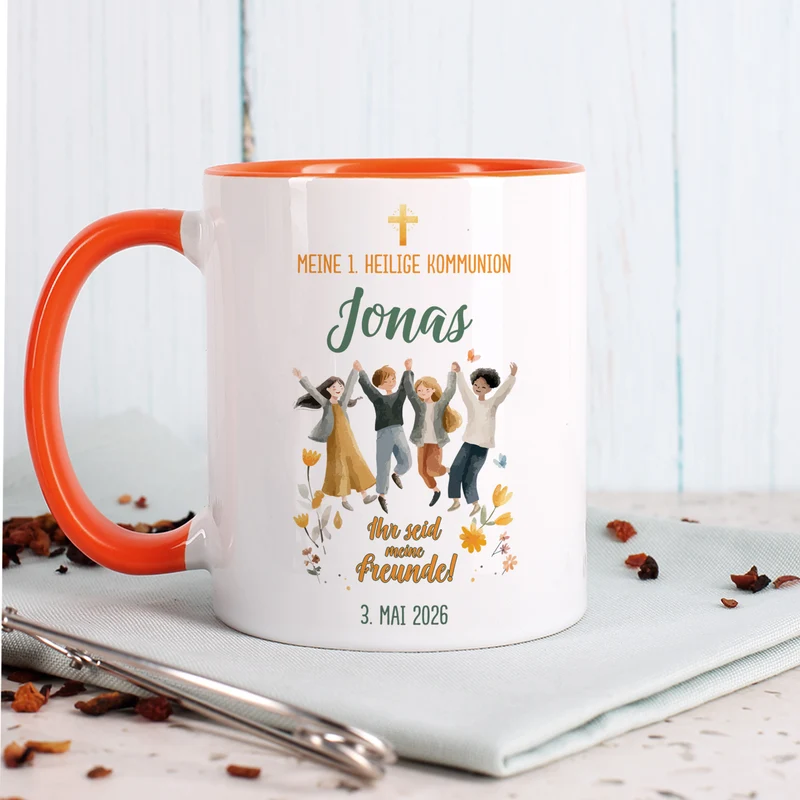 Personalisierte Tasse zur Kommunion - Ihr seid meine Freunde! Keramiktasse mit Anlass, Name & Datum