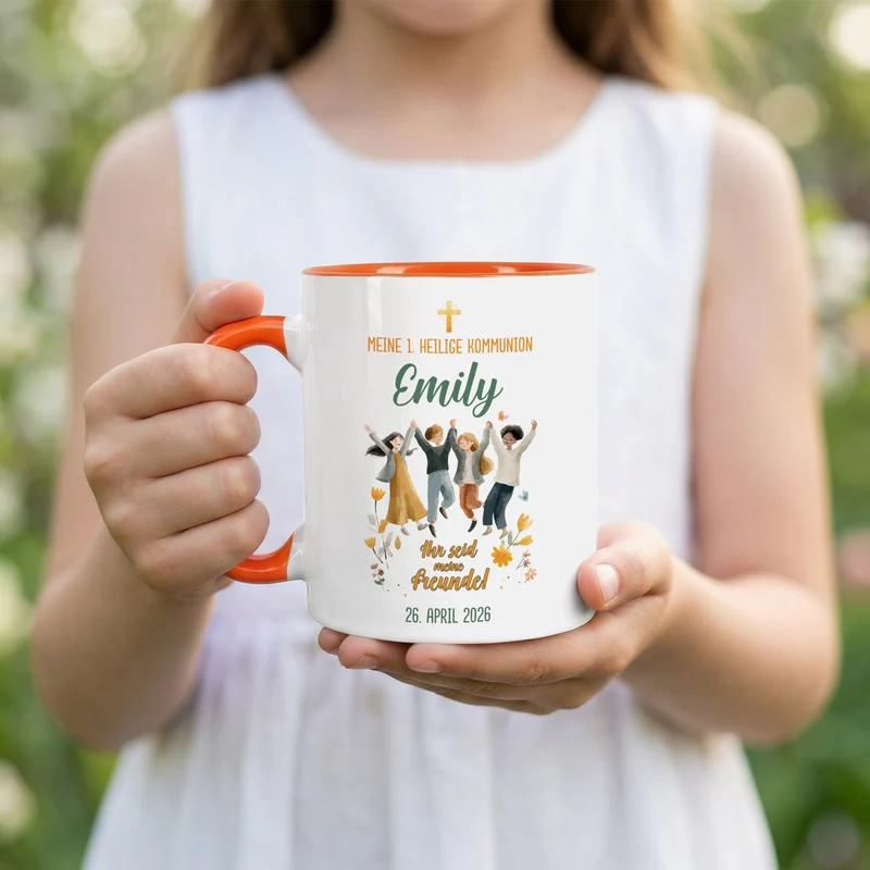 Personalisierte Tasse zur Kommunion - Ihr seid meine Freunde! Keramiktasse mit Anlass, Name & Datum