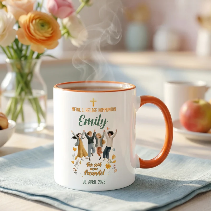 Personalisierte Tasse zur Kommunion - Ihr seid meine Freunde! Keramiktasse mit Anlass, Name & Datum